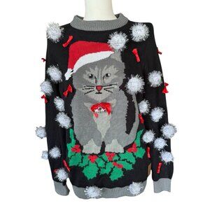 Tipsy Elves Black Christmas Ugly Sweater with Cat Pom Poms Bows Bells Women's S